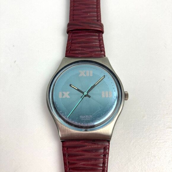 VTG Vintage 1991 SWATCH Gent PLAZA GX121 Unisex Watch Red Leather Band Blue Dial - Picture 3 of 8